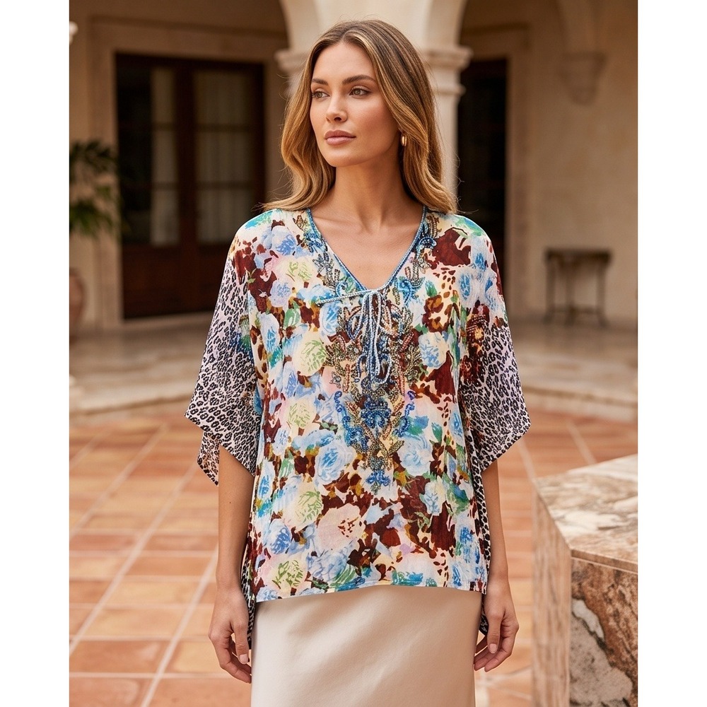 Lucky Brand M Floral Animal Print Beaded Kaftan Top V-Neck Blue Brown